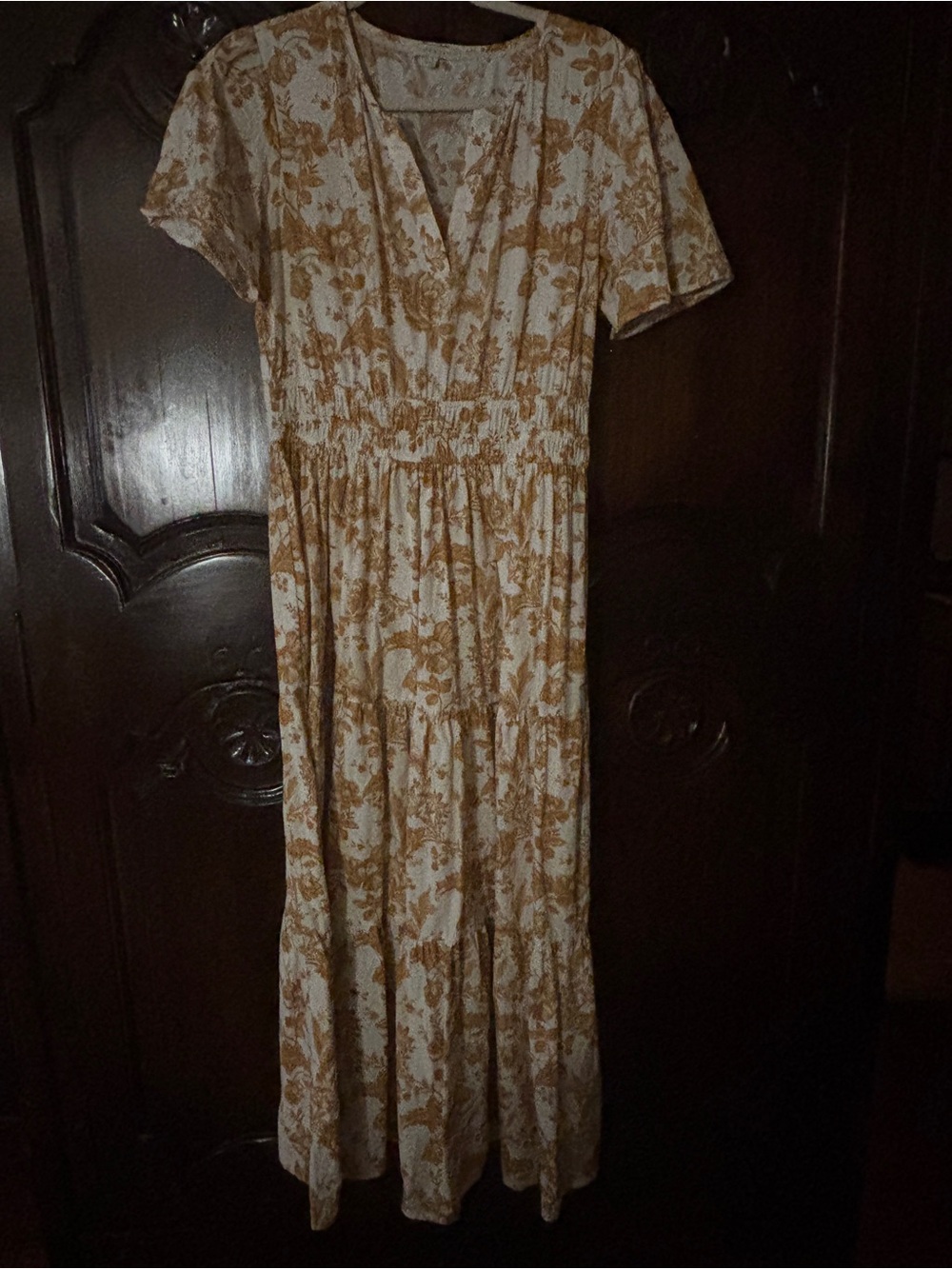 Cream Maxi Dress with Mustard Floral Print and Smocked Waist